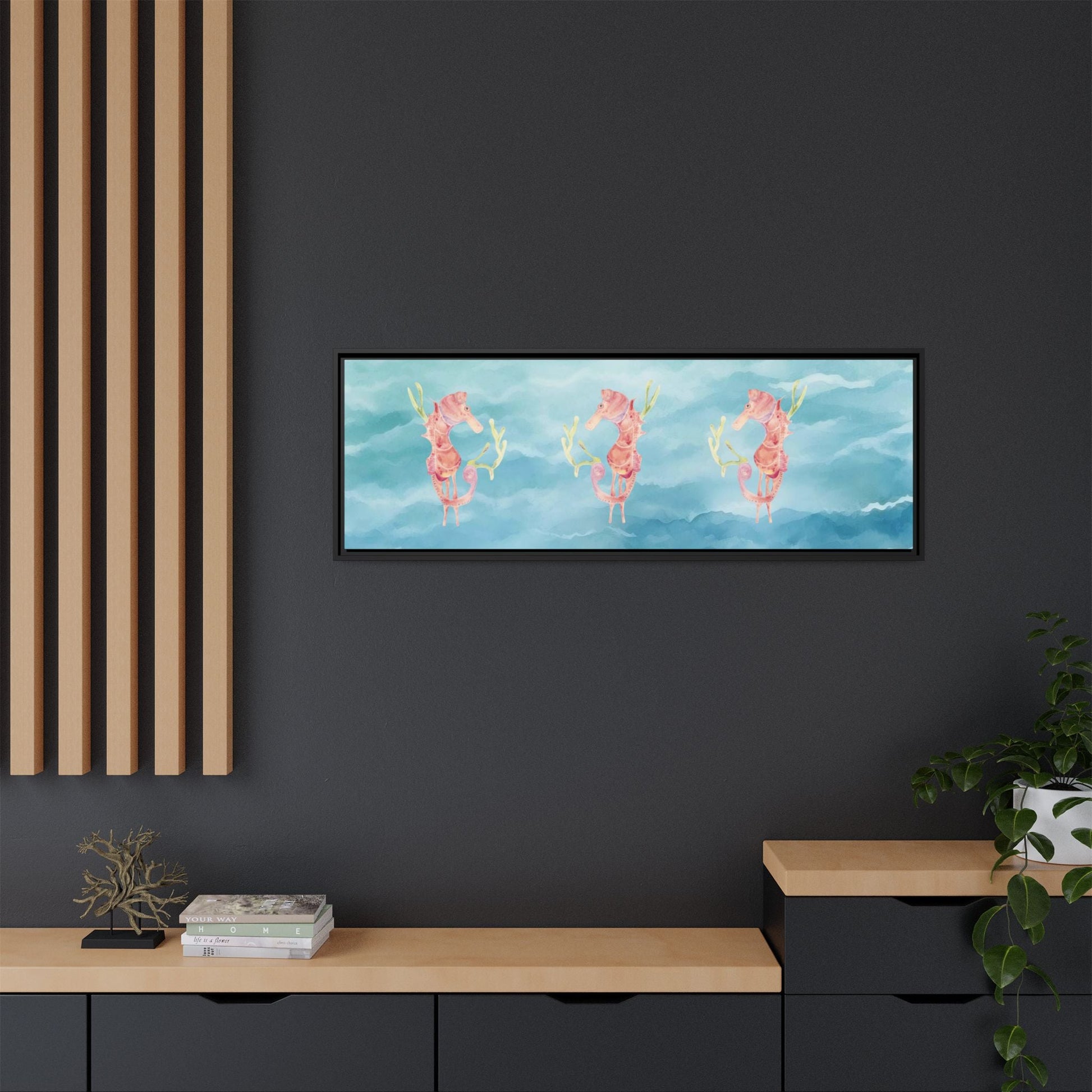 Framed Orange Seahorses on Turquoise Canvas - Artmakeyourmark.com