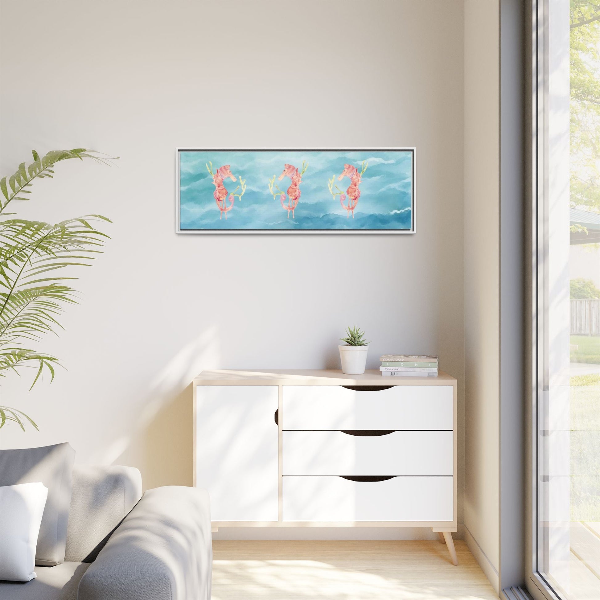 Framed Orange Seahorses on Turquoise Canvas - Artmakeyourmark.com