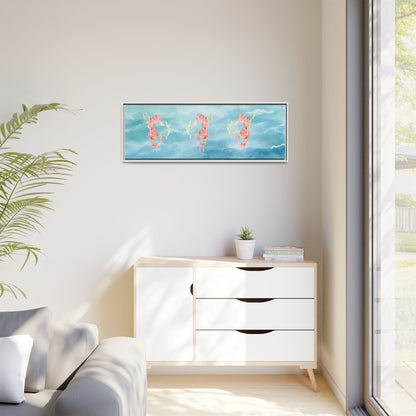 Framed Orange Seahorses on Turquoise Canvas - Artmakeyourmark.com