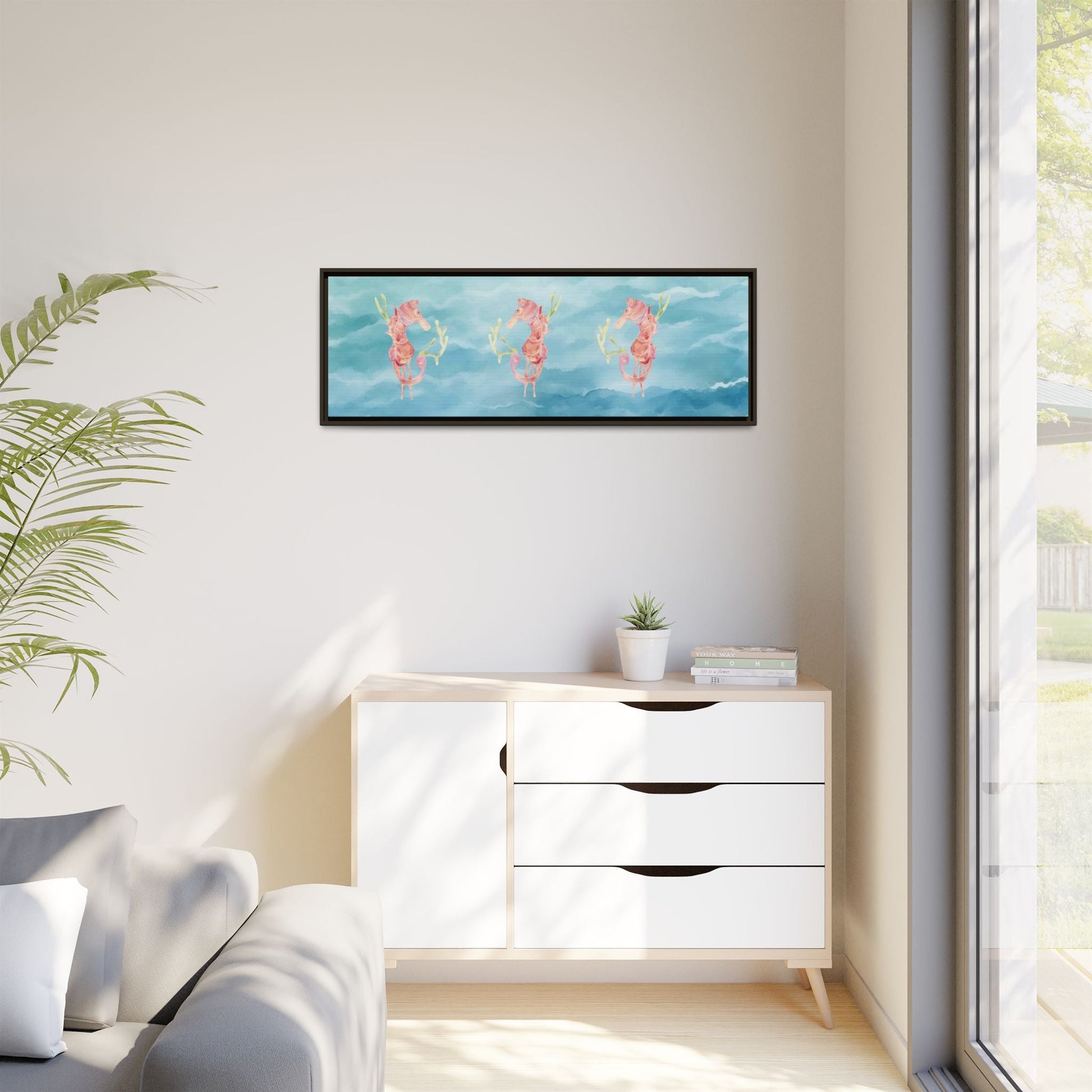 Framed Orange Seahorses on Turquoise Canvas - Artmakeyourmark.com