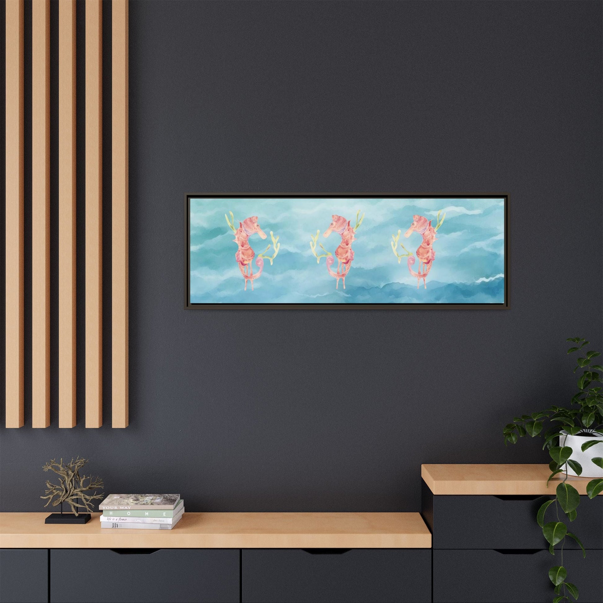 Framed Orange Seahorses on Turquoise Canvas - Artmakeyourmark.com