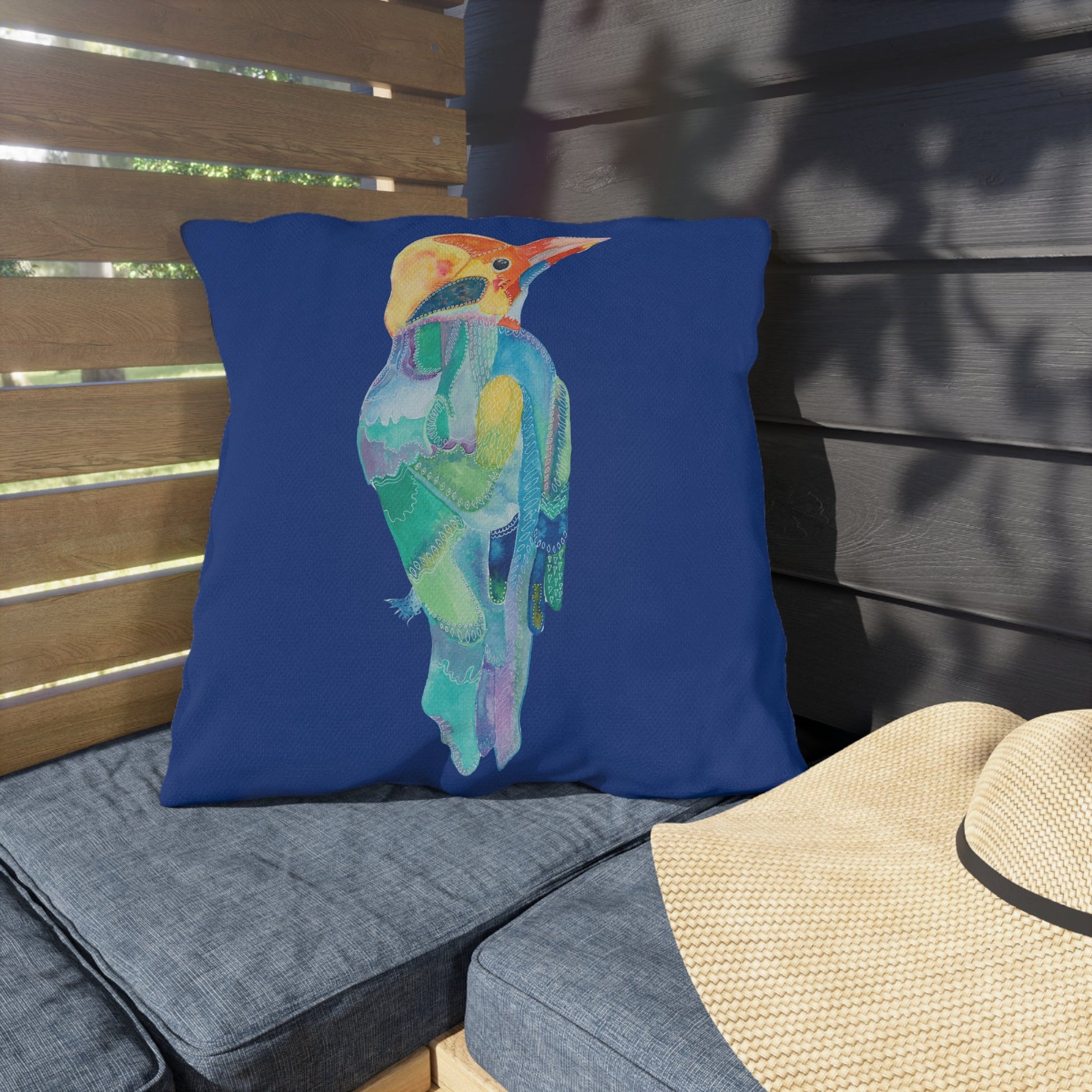 Outdoor Cushion with Colourful Patterned Bird - Artmakeyourmark.com