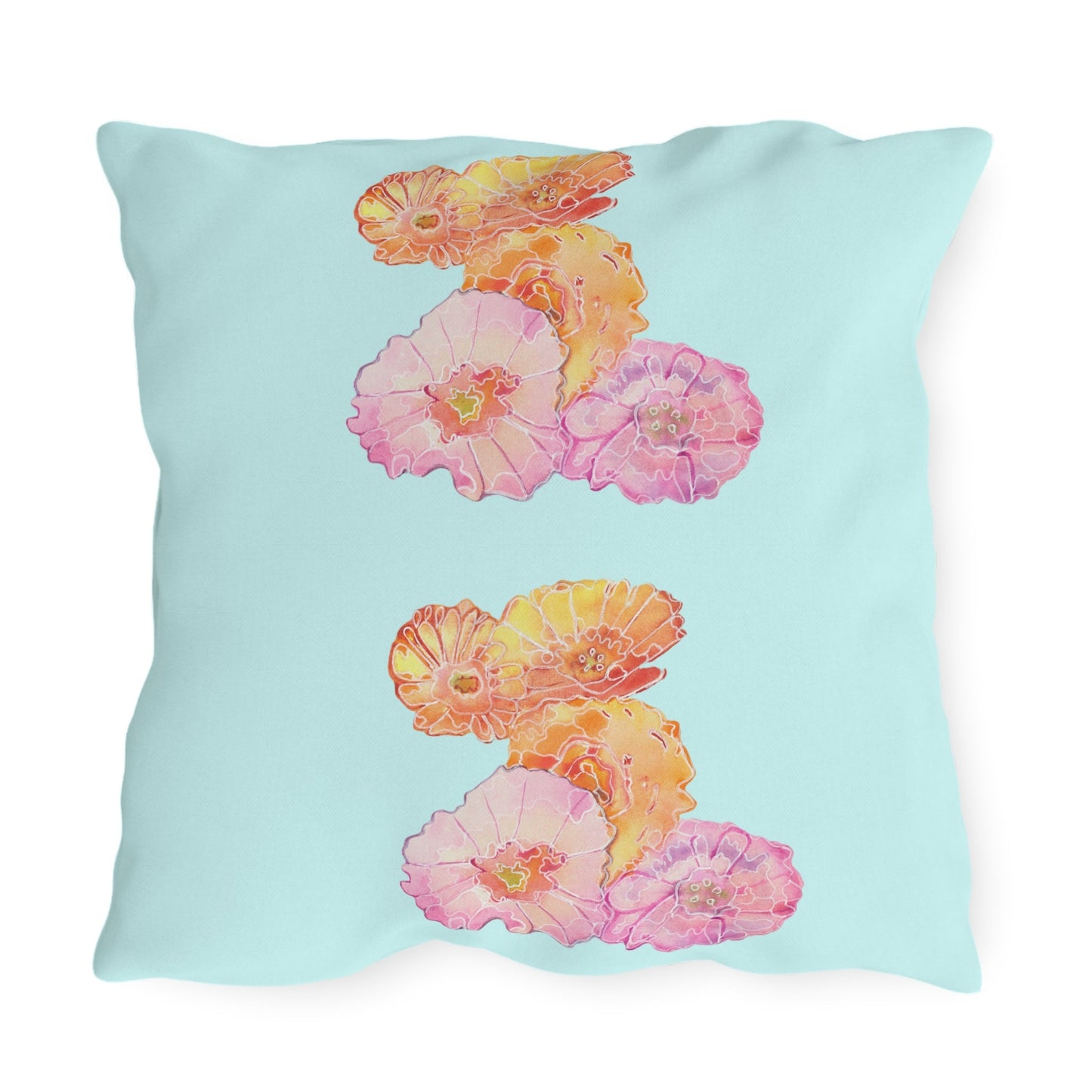 Outdoor Cushion with Colourful Poppies on a Blue Background - Artmakeyourmark.com