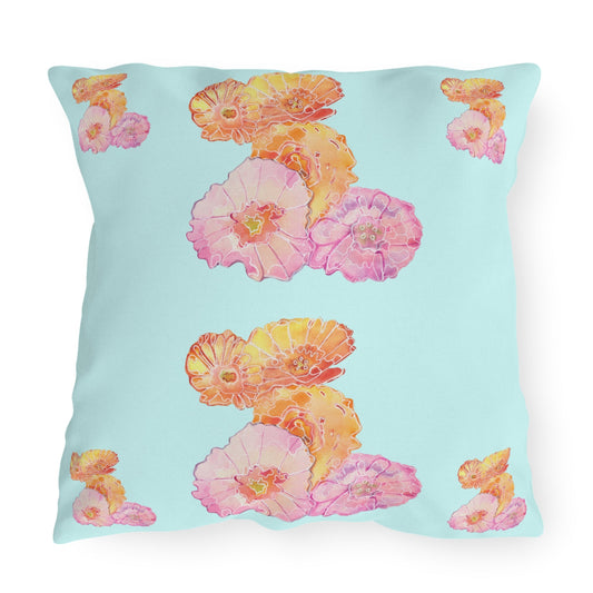 Outdoor Cushion with Colourful Poppies on a Blue Background - Artmakeyourmark.com