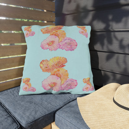 Outdoor Cushion with Colourful Poppies on a Blue Background - Artmakeyourmark.com