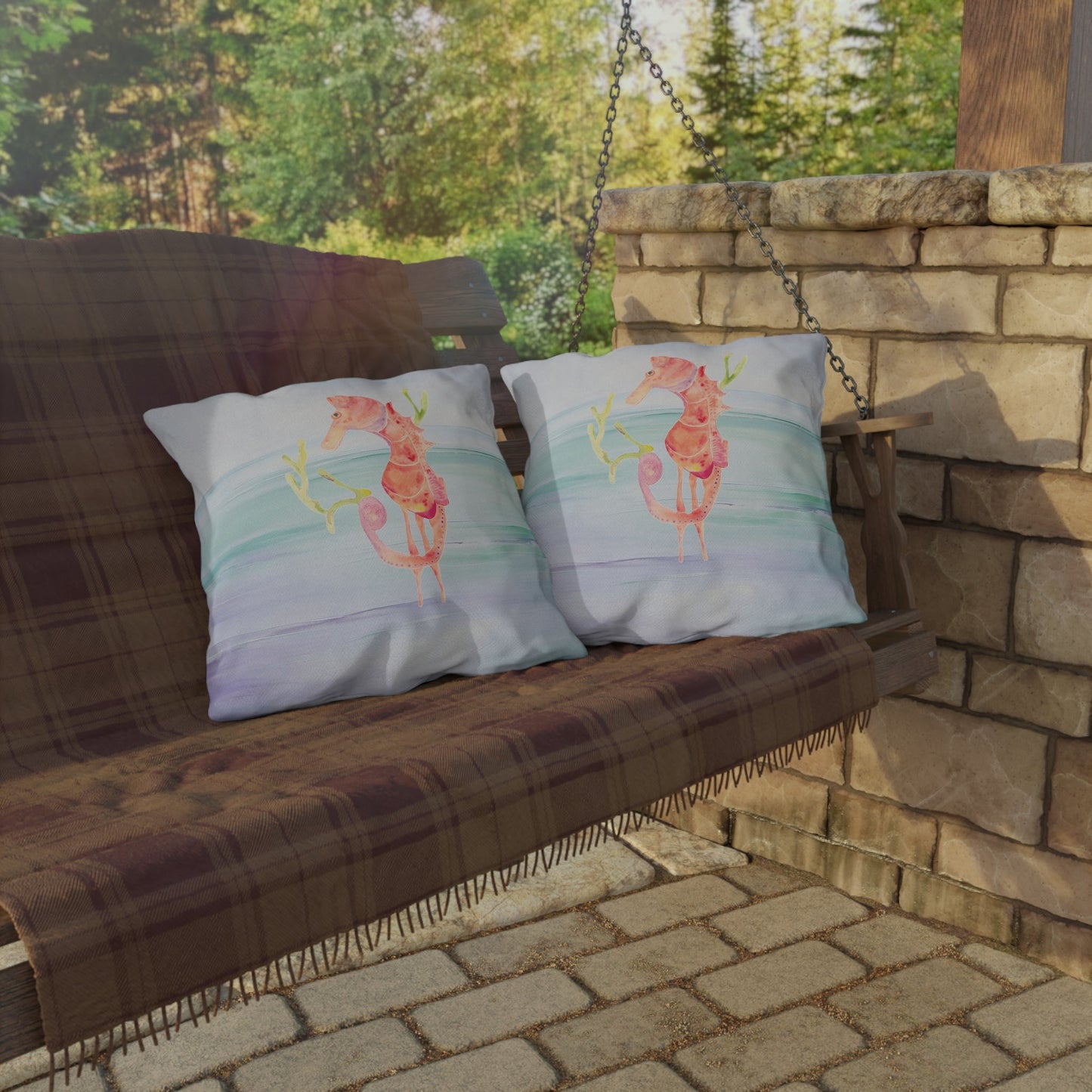 Outdoor Cushion with Orange Seahorse - Artmakeyourmark.com