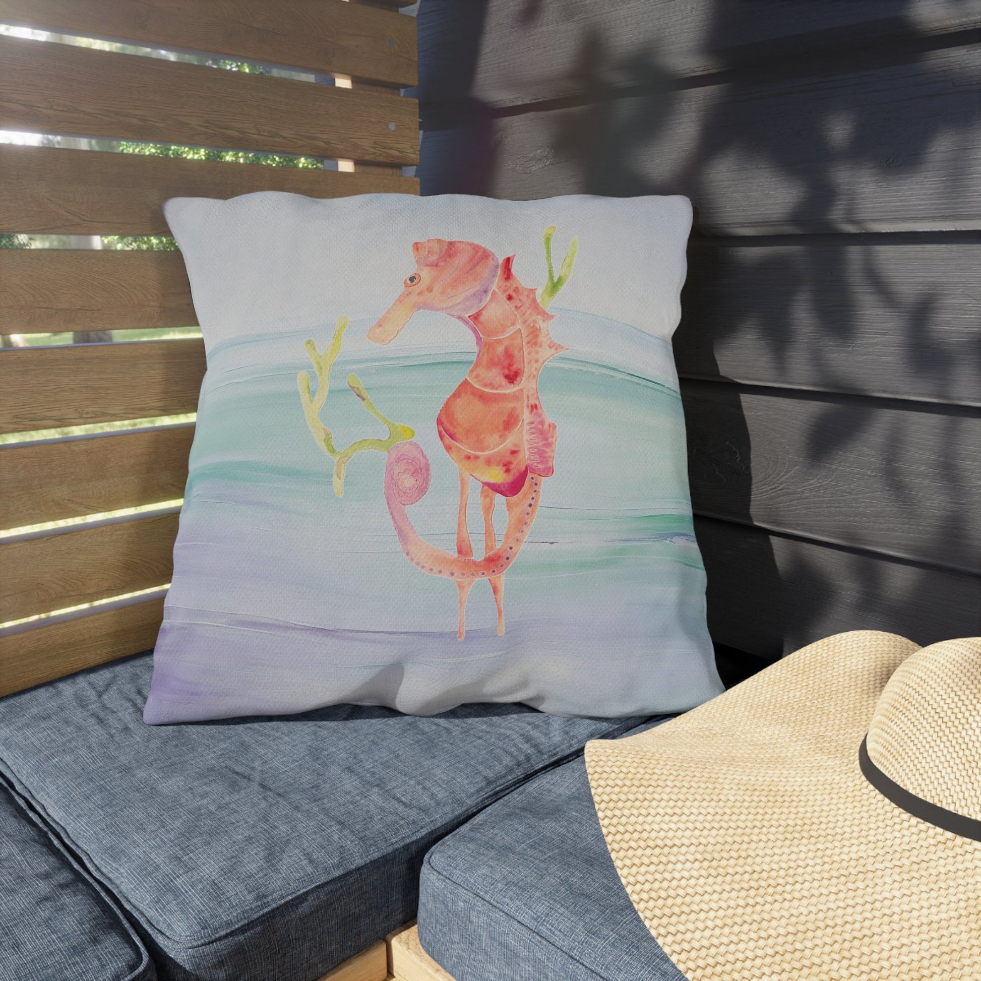 Outdoor Cushion with Orange Seahorse - Artmakeyourmark.com