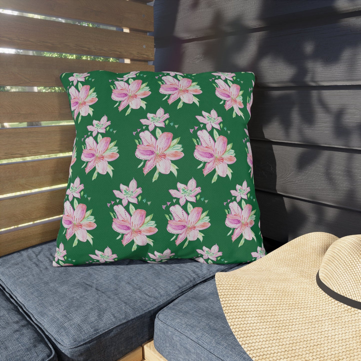 Outdoor Cushion with Pink Flowers on Green - Artmakeyourmark.com