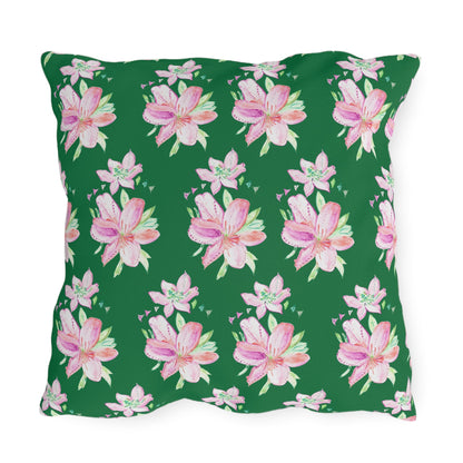 Outdoor Cushion with Pink Flowers on Green - Artmakeyourmark.com