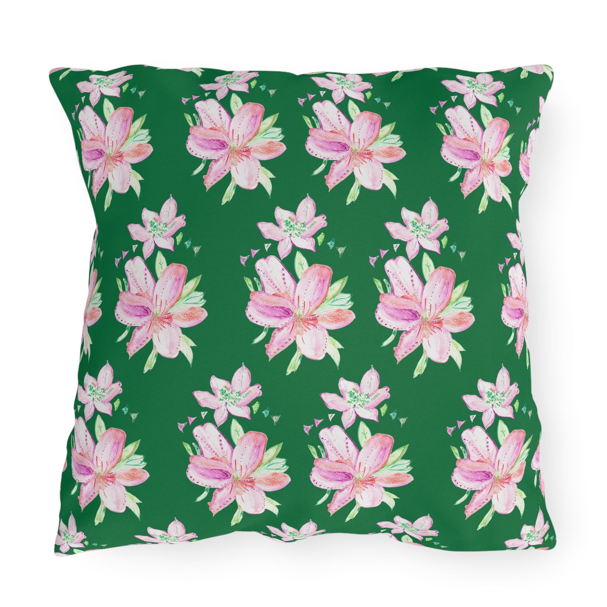 Outdoor Cushion with Pink Flowers on Green - Artmakeyourmark.com