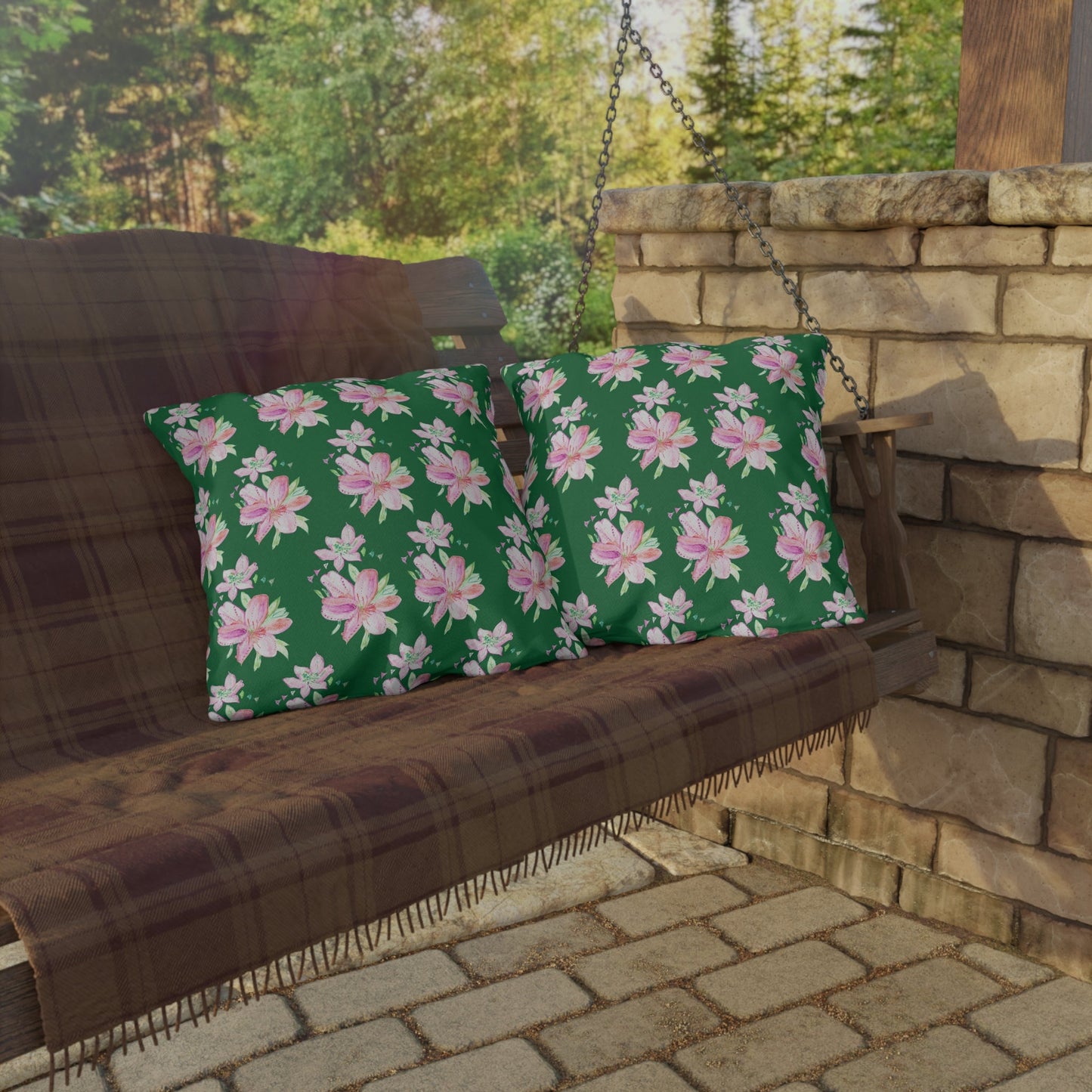 Outdoor Cushion with Pink Flowers on Green - Artmakeyourmark.com