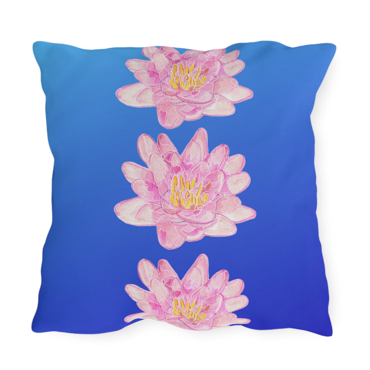 Outdoor Cushion with Pink Waterlilies on a Blue Background - Artmakeyourmark.com