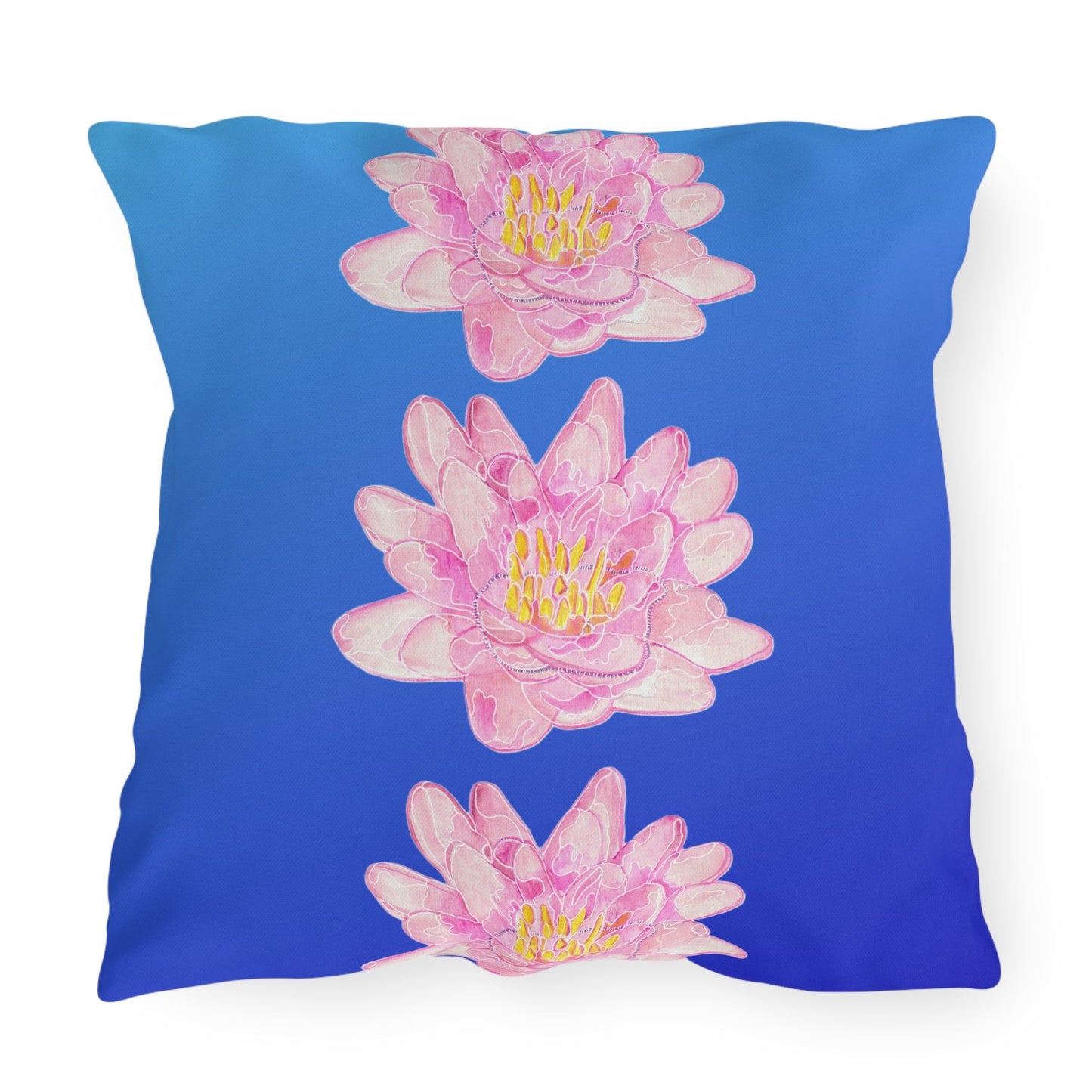 Outdoor Cushion with Pink Waterlilies on a Blue Background - Artmakeyourmark.com