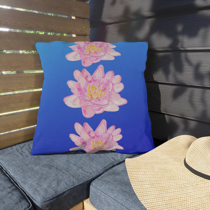 Outdoor Cushion with Pink Waterlilies on a Blue Background - Artmakeyourmark.com