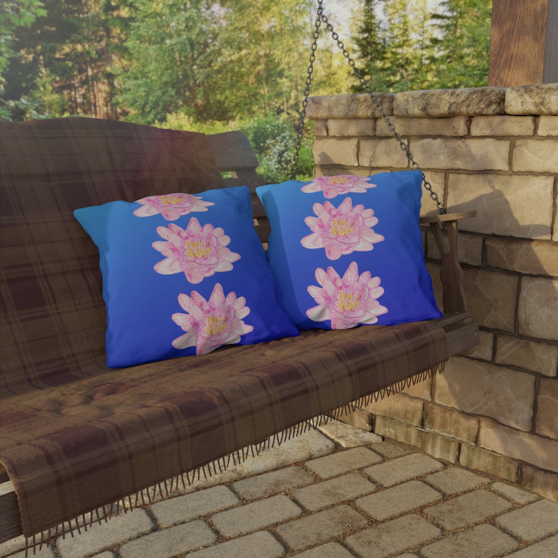 Outdoor Cushion with Pink Waterlilies on a Blue Background - Artmakeyourmark.com