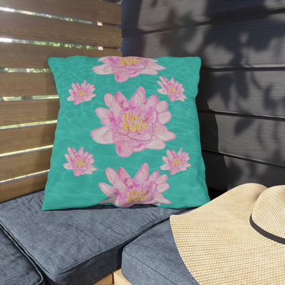 Outdoor Cushion with Pink Waterlilies on a Turquoise Background - Artmakeyourmark.com