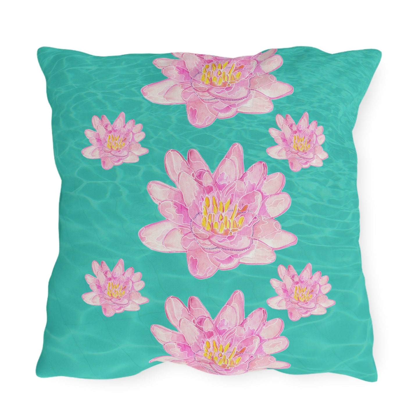 Outdoor Cushion with Pink Waterlilies on a Turquoise Background - Artmakeyourmark.com