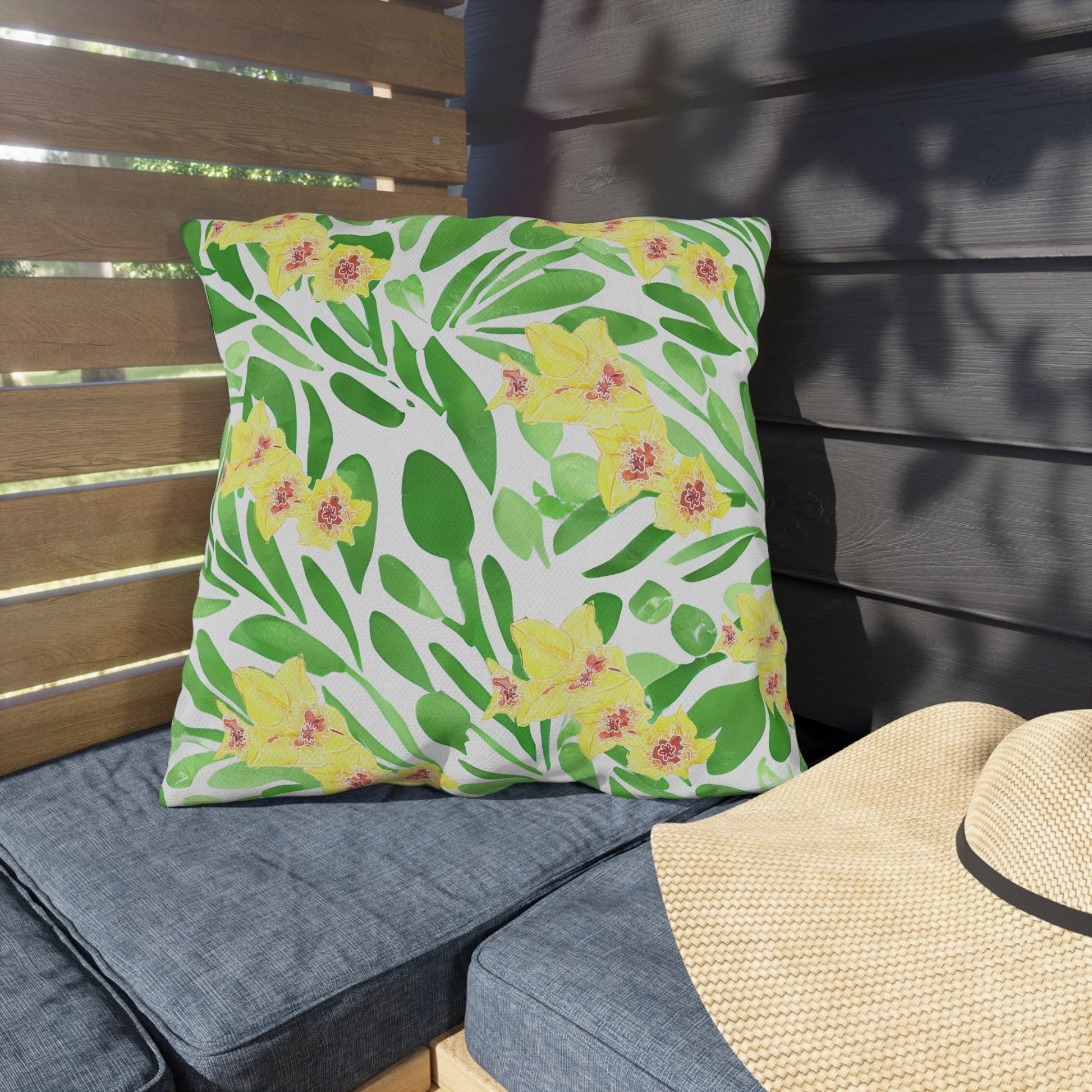 Outdoor Cushion with Yellow Gladioli on Green Leaves - Artmakeyourmark.com